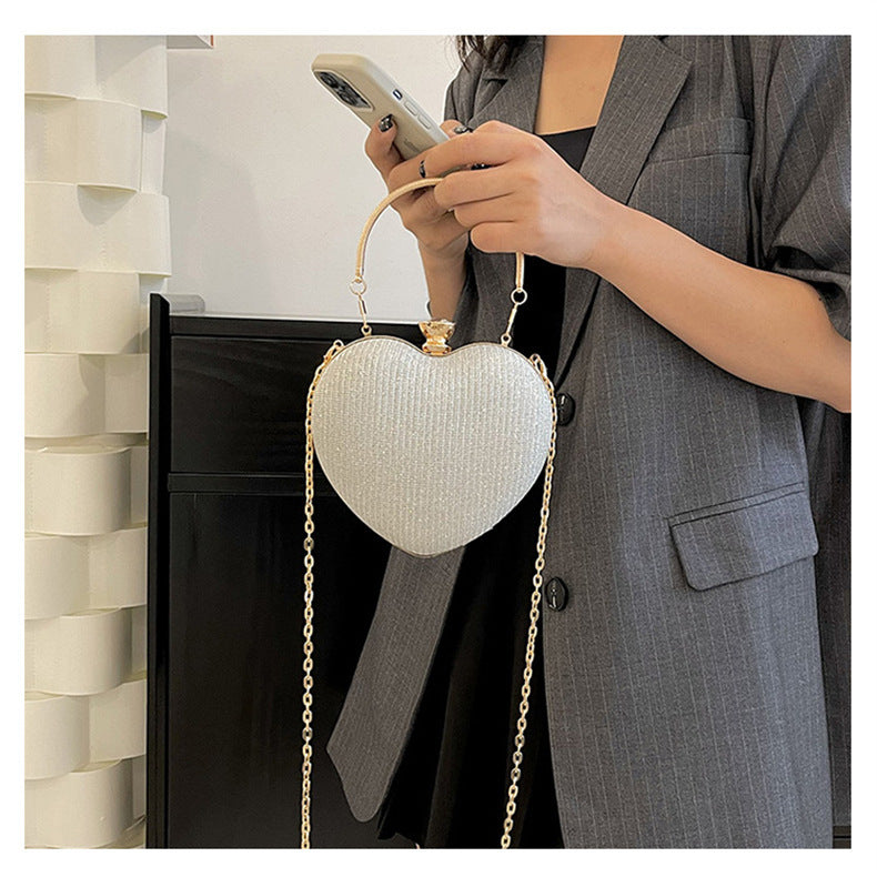 Ladies Fashion Shining Chain Crossbody Bag, Elegant Shoulder Heart Shaped, Metal Embellished, Black, with Buckle Closure, for Party, Wedding, Date